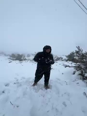 A man is standing in the snow, making snowballs. He is wearing a black hooded jacket, black pants, and brown shoes. The ground is covered in snow, and there are some bushes in the background. The sky is overcast. There is an electrical line running horizontally across the top of the frame. The man is smiling and appears to be enjoying himself. The camera remains static throughout the video.