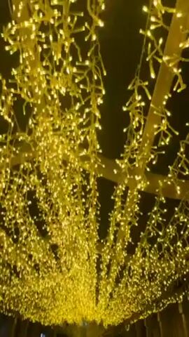 The video shows a dimly lit pedestrian walkway at night, decorated with strings of small, warm-white lights hanging from above, creating a tunnel-like effect. The lights are densely packed, almost obscuring the structure from which they are hung. The walkway itself appears to have a smooth surface, potentially concrete or asphalt, and there are railing-like structures on either side. The overall atmosphere is festive and inviting.