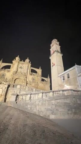 The video shows a low-angle shot of a large, ornate building, possibly a cathedral or a palace, illuminated at night. The building is made of stone and features intricate architectural details, including arches, columns, and a tall bell tower. The tower has clocks and flags visible. In front of the building is a wide, stone staircase leading up to the entrance. The ground in the foreground is paved with bricks laid in a herringbone pattern. The sky is dark, indicating it is nighttime. There are no people visible in the video, nor any obvious signs of recent activity. The overall impression is one of grandeur and historical significance.