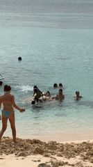 Woman photographs swimmers in turquoise waters at General Luna beach