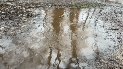 Raindrops create ripples in puddle in Kiten Bulgaria