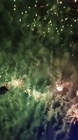 This video shows a fireworks display. The sky is dark, and the fireworks are exploding in various colors, including pink, purple, green, and gold. Some of the fireworks create a shower of sparks, while others form more intricate patterns. Smoke from the fireworks drifts across the sky, obscuring some of the explosions. In the lower portion of the screen, a person dressed in white can be seen.