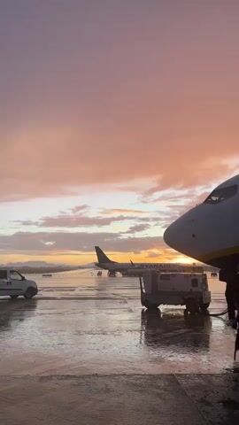 The video shows an airport tarmac at dawn or dusk. The ground is wet and reflective, likely from rain. Several Ryanair airplanes are visible in the background, parked on the tarmac. A white van and a piece of airport ground support equipment are also on the tarmac. The sky is a mix of orange, pink, and grey clouds, indicating either sunrise or sunset. The nose of an airplane is prominent in the foreground.