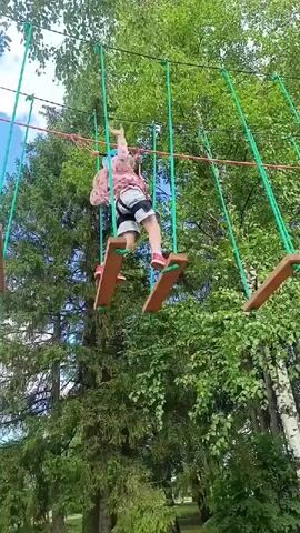 This media file shows a child navigating an aerial adventure course. The child, wearing a helmet, harness, a pink patterned jacket, and shorts, is pictured mid-stride on a series of suspended wooden planks. The planks are spaced apart and connected by green ropes, forming a challenging pathway through the trees. The child is actively engaged in the activity, with one arm extended upwards as if reaching for the next handhold or balancing.

The setting is an outdoor adventure park or ropes course situated amongst lush green trees. The foliage is dense, indicating a temperate climate, likely spring or summer. Sunlight filters through the leaves, suggesting it is daytime, possibly late morning or afternoon. The sky is visible in patches, appearing blue and clear. The overall atmosphere conveyed is one of active recreation and outdoor fun. The child's posture and focus suggest concentration and determination. There is no visible text in the media file.