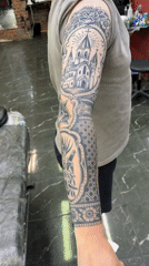 Detailed tattoo artwork displayed at Moscow parlor