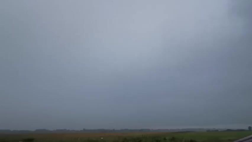 This is a video file of a landscape scene. The scene is dominated by a vast, overcast sky in shades of grey, suggesting a cloudy or stormy day. The lower portion of the frame shows a flat, open field with various shades of green and brown, indicating a natural or agricultural setting. A faint line of trees or vegetation can be seen in the distance, bordering the horizon. There are no people or specific objects clearly visible in the frame, giving the impression of a wide, unobstructed view of the sky and land. The overall mood is somber and tranquil, with the muted colors and lack of activity contributing to a sense of stillness. The time of day appears to be daytime, but the heavy cloud cover obscures direct sunlight. There is no visible text in the media file. The location context of Kyviškės, Lithuania, suggests a rural or semi-rural setting.