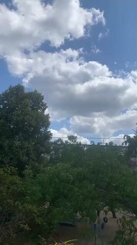 The video shows a view of trees and the sky. The sky is blue with white clouds. There are lush green trees in the foreground and middle ground. In the background, there is a glimpse of buildings. The lighting suggests it is daytime, likely sunny with some cloud cover. The scene appears to be an outdoor environment, possibly a park or a residential area with greenery.