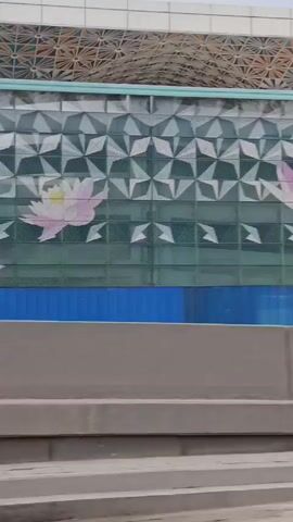 The video shows a view from a moving vehicle, capturing a building alongside a road. The building features a decorative facade with green and silver geometric patterns and pink lotus flower designs.  A blue construction fence runs along the base of the building. The building has a modern architectural design with a canopy extending over a parking area. Streetlights are visible along the roadside. The weather appears partly cloudy. Other buildings are visible in the background.