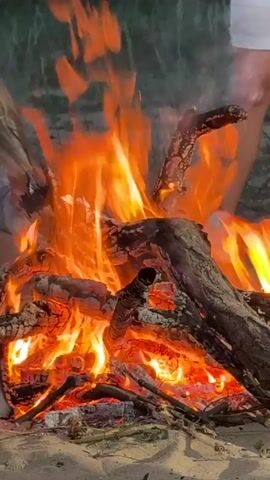 Two people are sitting around a bonfire on the beach. The fire is crackling and giving off a lot of light and heat. One person raises a glass. The foreground is dominated by the fire itself, with logs burning brightly. The background shows a sandy beach and some grass.