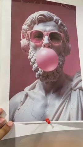 A close-up shot shows a poster of a marble bust of a man. The bust is wearing pink sunglasses and pink headphones. The man has a large pink bubblegum bubble coming out of his mouth. The background of the poster is a gradient of pink. The poster is pinned to a white surface with a red thumbtack. A hand is visible holding the bottom edge of the poster on the left side of the frame. The video consists of a series of still images with slight movements, creating a subtle animation effect.
