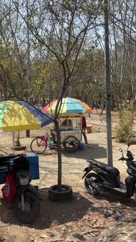 The video shows an outdoor scene with a small food cart, two motorcycles, and bicycles. The food cart, with the words "CAKUE C CAKUE" written on it, is colorful and sits under a multicolored umbrella. A bicycle with a pink frame is parked near the cart. In the foreground, two motorcycles are visible, one red and one black. The ground is a mix of dirt and small stones, and the background is filled with trees. The scene appears to be a public area, possibly a park or roadside market. There are no people actively engaged in transactions or actions, but the presence of the food cart and vehicles suggests an ongoing commercial activity.