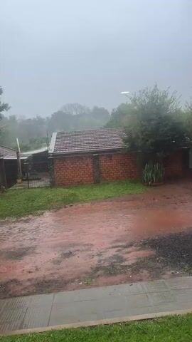 This media file captures a rain shower in Encarnación, Paraguay. The scene is an outdoor area with a dirt and gravel ground, wet from the rain. A brick wall with a tiled roof structure sits in the background, partially obscured by lush green trees. Beyond the immediate area, more trees and vegetation are visible, indicating a somewhat rural or suburban setting. The sky is overcast and gray, typical of rainy weather.

The primary activity is the rain itself, with visible streaks of water falling. The wet surfaces and puddles on the ground are clear evidence of the downpour. The time of day appears to be daytime, given the ambient light, but the heavy cloud cover makes it difficult to determine the exact hour. The mood evoked is one of a typical rainy day, perhaps a bit gloomy due to the weather, but also peaceful and natural. There are no people or visible text in the media file. The presence of a white vehicle in the background suggests it is a residential or roadside setting.