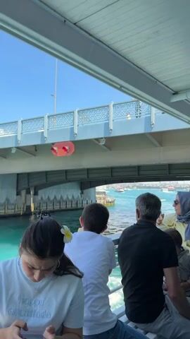A group of people are on a boat, looking out at the water and a bridge. The boat is moving, creating ripples in the water. The bridge is made of concrete and steel and has lights on it. There are other boats in the water and a city skyline in the distance. The people on the boat appear to be tourists, taking in the sights. The weather is sunny and the water is a clear blue-green. The bridge is overhead, casting a shadow on the boat. The people are looking in various directions, some pointing at things in the distance. One person has a flower in their hair.