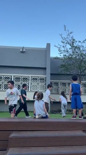 Children gather at outdoor steps in Ramat Gan