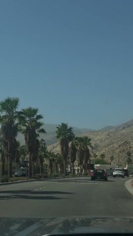 The video shows a road in Palm Springs on a sunny day, with palm trees lining the road and mountains in the background.  Several cars are on the road.  The video is shot from inside a car.