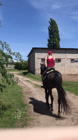 Woman enjoys morning horseback ride at Kharkiv equestrian facility