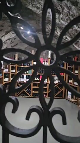 This media file captures a view through a decorative black metal grate into a wine cellar. The cellar is filled with numerous shelves stacked with bottles of wine, some standing upright and others lying horizontally. The shelves are made of light-colored wood. Various wine boxes and labels are visible on the shelves, suggesting a diverse collection. The ceiling of the cellar appears to be rough and natural, possibly rock or stone, with embedded lighting fixtures. The floor is a smooth, light-colored surface. The overall impression is one of a well-stocked and atmospheric wine storage facility. The time of day is not discernible, nor is any information about weather or emotions. The location is identified as Tuzi, Montenegro. No people are visible in the frame.