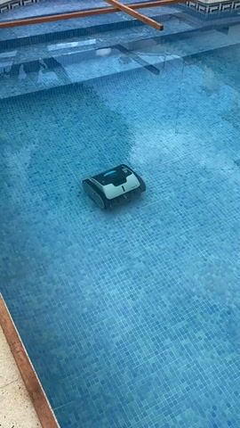 A robotic pool cleaner is submerged and stationary at the bottom of a swimming pool. The pool has clear blue water and is lined with small blue mosaic tiles. On the left side of the frame, pool steps are visible. The robot is dark grey and white, with a blue light or button on its top surface. The brand name "MAYTRONICS" is visible on the side of the robot, along with what appears to be "DOLPHIN" or a similar model name. Reflections of the surroundings are visible on the surface of the water.
