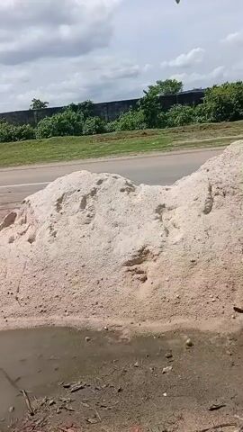 The video shows a roadside scene on a partly cloudy day. A large pile of sand sits beside a road with a puddle of muddy water at its base. A small, silver van drives along the road away from the camera. Further down the road, a person walks along the roadside. The roadside is covered in debris, including pieces of broken concrete. A dark-colored fence and dense greenery line the other side of the road. In the foreground are a number of rounded, white objects.