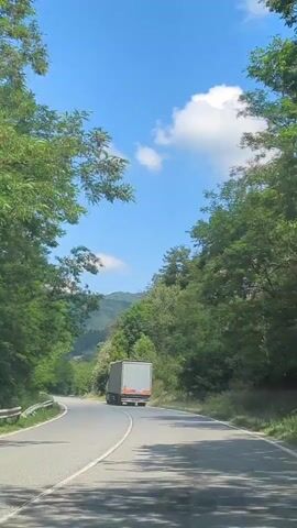 The video shows a truck driving on a winding road through a forest. The road is asphalt and has white lane markings. The truck is white with a gray trailer. It is driving away from the camera and is in the right lane. The trees on either side of the road are green and lush. The sky is blue with a few white clouds. The sun is shining. The camera appears to be mounted inside another vehicle that is following the truck.