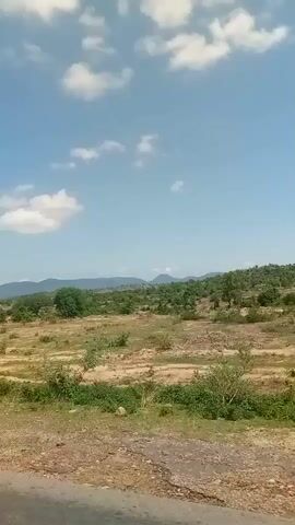 A wide shot from a moving vehicle captures a rural landscape under a clear blue sky with scattered clouds. In the foreground, a dirt and gravel road runs along the bottom of the frame, bordered by sparse green vegetation and dry, yellowish-brown fields. The middle ground features more dry fields and scattered trees and bushes. In the background, a line of hills and mountains covered in greenery stretches across the horizon under the bright sky. The camera pans slowly to the right.