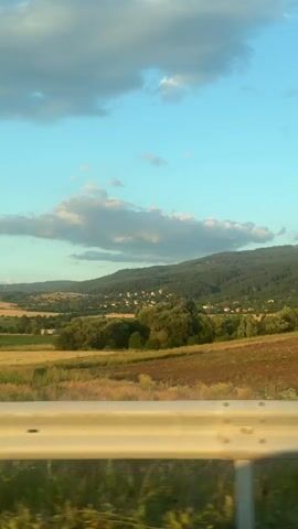 A vertical, eye-level shot captures a scenic landscape through a vehicle. The foreground features a light-colored guardrail, partially blurred by motion, with some green vegetation visible below it. Beyond the guardrail, a wide expanse of fields stretches out, some appearing golden and possibly harvested, while others are a mix of green and yellow. In the middle ground, a scattering of trees and buildings forms a small village nestled at the base of a gently sloping hill covered in dark green trees. The background is dominated by the silhouette of a larger, tree-covered mountain range against a bright blue sky with scattered white and gray clouds. The lighting suggests it is late afternoon or early evening.