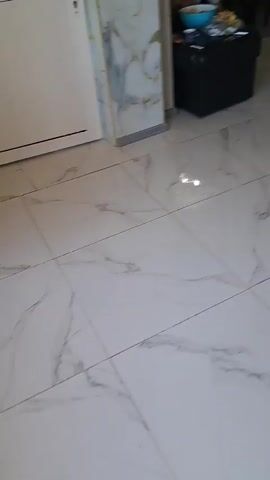 A panning video shows a tiled floor. In the background is a couch, a television on a stand, and a large speaker. A woman in a white shirt and shorts is visible in a reflection.