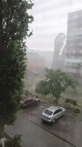 The video shows a courtyard during a heavy storm. Trees are bent by strong winds and rain is visible hitting the ground and the parked cars. A tall apartment building is visible on the right, with trees and other buildings in the background. Two cars, a dark red sedan and a silver sedan, are parked in the courtyard. The sky is overcast and appears dark. There is no visible evidence of people in the video.