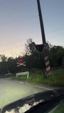 From the perspective of a driver waiting at a railroad crossing, a red light flashes above a stop sign. A train painted with graffiti passes, obscuring the surrounding green grass and trees. The sky is dusky.