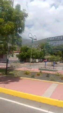 The video captures a street-level view from a moving vehicle, likely a bus or car, looking outwards. The foreground is dominated by a yellow line and a blurred grey surface, suggesting the road. In the middle ground, a paved walkway with a red and pink tiled pattern is visible, bordered by a green lawn. Several trees with dense green foliage are strategically placed, with one particularly prominent tree in the center casting shadows. Beyond the trees, a building with a light-colored facade and a red roof is present, featuring a sign that reads "SEGURO SAUDÁVEL". A few figures, appearing to be people, are walking on the tiled path in front of the building. Further in the background, more buildings and structures can be observed, along with some fencing. The sky is overcast, indicated by the soft, diffused light. The overall impression is a snapshot of an urban or suburban environment on a possibly cloudy day.