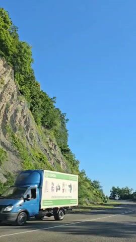 This media file depicts a view from a moving vehicle, likely a car, traveling along a paved road next to a steep, rocky cliff face. The cliff is covered in lush green vegetation, including trees and smaller plants, indicating a warm season with ample sunlight. A grey mesh netting is visible on the cliff face, suggesting it's a measure to prevent rockfalls. The sky is a clear, vibrant blue, with no clouds visible, suggesting fair weather and a sunny day. The time of day appears to be late morning or early afternoon, given the bright sunlight and the angle of the shadows. The road is asphalt with white lane markings, and the shoulder is a grassy area. In the distance, more trees are visible beyond the road, suggesting a natural, possibly rural or mountainous, setting. There are no people visible in the frame. The overall mood conveyed is one of peaceful travel through a scenic, natural landscape. No text is visible in the media file.