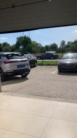 The video begins with an outdoor view of a parking lot with several cars. The camera then moves inside a building, revealing a car dealership showroom. Inside, people are seen interacting with staff and looking at cars. The showroom appears to be modern and well-lit, with cars displayed for sale. There are also signs and branding indicating it is a GEELY dealership. The video shows interactions between customers and sales representatives, with some people seated at desks and others walking around the showroom.