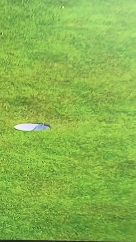 A close-up shot shows a golf course with a golf hole in the grass. A golfer wearing a white shirt with sponsors' logos and a white hat with "T-Mobile" written on it is visible. The golfer is looking down, and the scene suggests they are either about to take a shot or have just finished one. The lighting suggests it is daytime with sunlight.