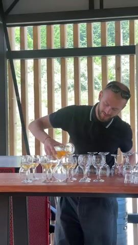 A man with short brown hair and sunglasses on his head, wearing a black polo shirt and dark pants, is pouring yellow liquid from a glass pitcher into a row of wine glasses arranged on a wooden table. The glasses are mostly empty, with a few already containing a small amount of the liquid. The man is leaning forward, focusing on the task. The setting appears to be outdoors, with a wooden slatted structure behind him and greenery visible in the background.