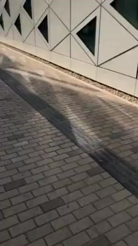 The camera begins by facing downwards, showing a brick-paved path with a narrow channel running along its length. The camera then pans up to reveal a modern building with a white facade. The building is constructed from triangular and diamond-shaped panels, with some triangles serving as windows. The building appears to be curved. The path continues alongside the building, and streetlights are visible in the background. The sky is blue.