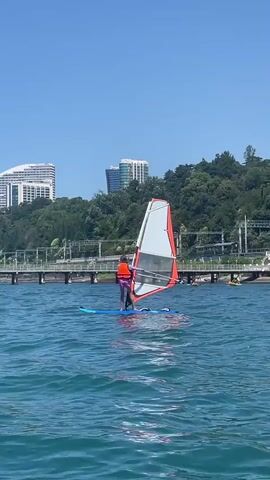 A person is windsurfing on a blue sailboard in a body of water. The person is wearing a life vest and is holding onto the sail. There are buildings and trees on the shore in the background. The sky is clear and blue.