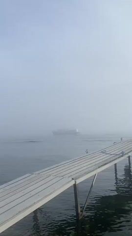 A boat travels through fog on the water. A wooden pier is in the foreground.