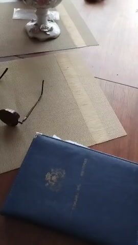 The video shows a table with a placemat. On the placemat are a pair of sunglasses with round, brown lenses and thin metal frames. To the left of the sunglasses is a piece of ornate, silver-colored jewelry with a chain. To the right of the sunglasses is a blue folder or book with a gold emblem on it. In the background, on another placemat, is a decorative bowl on a stand. The lighting appears to be natural light from a window.