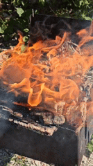 Wood fire burns in outdoor grill in Shcholkino, Ukraine