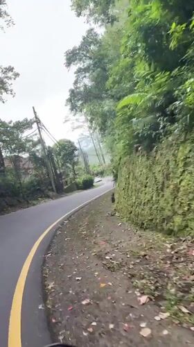 Motorcyclist rides through green mountains in Baturiti, Indonesia
