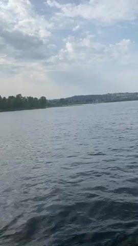A body of water is depicted with a distant tree line and buildings on the horizon. The sky is partly cloudy with a light blue hue. The water is dark and appears to be in motion with small ripples. The camera is positioned low, close to the water's surface, and is slightly tilted upwards. The video has no discernible actions, people, or interactions.