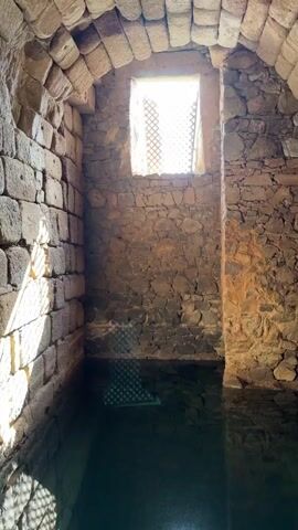 The video shows an interior view of a stone structure with a pool of water. Light streams in from a window at the far end, illuminating the rough-hewn stone walls and ceiling. The water is a murky green, with some larger stones visible beneath the surface, possibly part of the structure's foundation or a decorative element. A small orange fish swims in the water towards the bottom right of the frame. The camera appears to be handheld, with slight movements and occasional blurs, suggesting it was filmed by someone moving through the space.