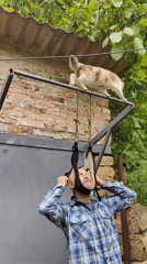 Man attempts neck stretching device outdoors in Ukraine