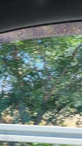 The video shows a car driving on a highway, looking out of the right side window. The camera captures a landscape featuring a field with dry grass, a few trees, a partially constructed building, and a mountain in the distance under a bright blue sky. The guard rail of the highway is visible at the bottom of the frame. The perspective is from inside the car, with the car window frame visible at the top of the frame.  The scene rapidly changes as the car continues to move. The sound of music is audible in the background.