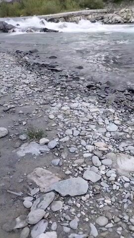 The video shows a rocky riverbank with a fast-flowing river in the background. The water appears turbulent as it passes over rocks. The riverbank is covered in various sizes of grey and white stones. A small patch of dry grass is visible on the bank. The lighting suggests it is daytime, possibly overcast.