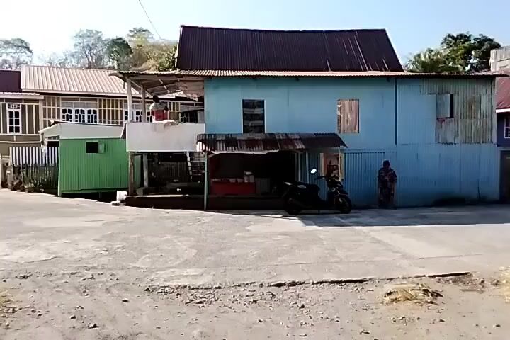 A daylight, eye-level, exterior shot shows a street scene in front of several houses. The house in the center is a two-story, light blue building with a corrugated metal roof. A covered open-air stall is attached to the front of the lower story. A motorcycle is parked in front of the stall. A woman wearing a patterned dress is sweeping the ground in front of the house. To the left of the blue house is a smaller, one-story, green building. To the right of the blue house is another house with a white exterior and a red roof. The houses are situated on a slightly elevated slope with some vegetation and trees visible in the background. The ground in the foreground appears to be a paved or gravel road.