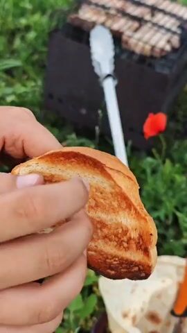 The video shows a close-up of a person's hands holding a piece of toasted bread outdoors. The bread is golden brown and appears to have grill marks. In the background, a grill with meat cooking is visible, along with some green grass and a red flower. The person is about to take a bite of the bread.