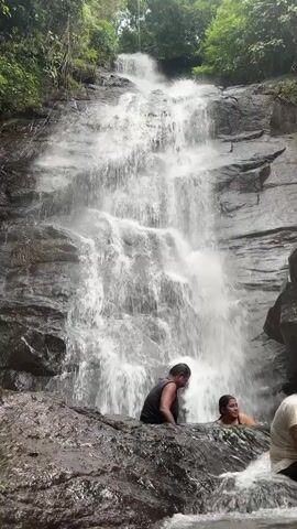 The video shows a tall waterfall cascading down a dark rocky cliff, surrounded by dense green trees. At the base of the falls, several people are partially submerged in the water. One person, a man with dark hair wearing a dark sleeveless shirt, is standing near a woman, possibly a young adult, who is facing the waterfall. To the right of them is another person wearing a white shirt. The water is turbulent and foamy as it hits the rocks at the bottom. The overall scene is natural and serene, highlighting the beauty of the waterfall and its surroundings.