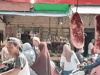 North Jakarta street market: meat stalls, angkot buses, morning activity