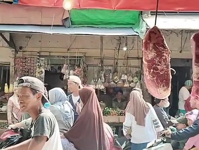 North Jakarta street market: meat stalls, angkot buses, morning activity